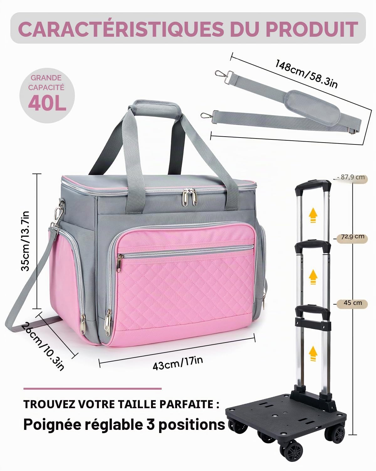 Amythe Sac à roulettes pour Professeur à 5 Roues avec Organiseur de Fichiers en Accordéon, Sac de Rangement Trolley pour Ordinateur Portable 15.6", Gris