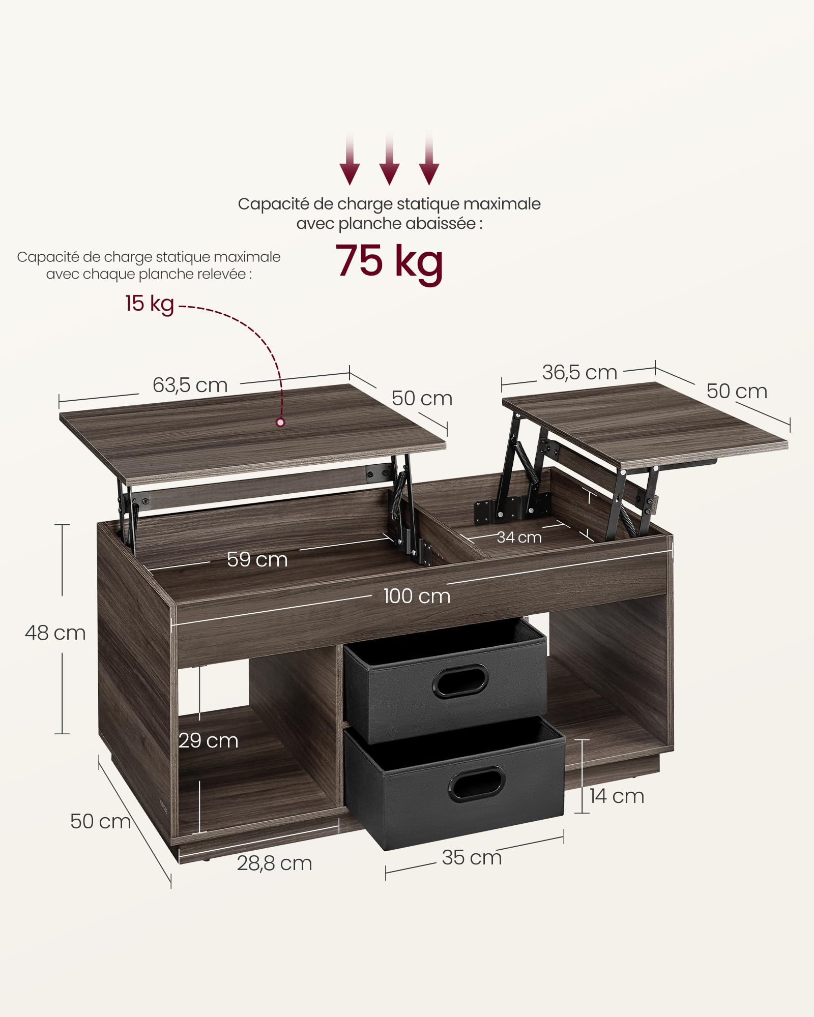 Table Basse Relevable VASAGLE Marron Camel & Noir – Plateau Ajustable 48-63 Cm, Tiroirs & Rangement Malin, Style Industriel