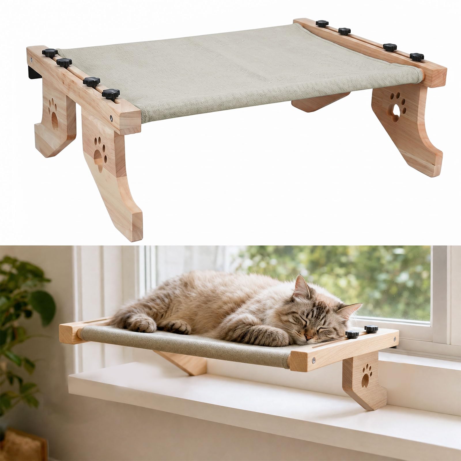 Fensterliege für Katzen – Hängende Katzenliege mit Klettverschluss, Größe 55 x 38 cm, Robuste Holzhängematte für Heizkörper und Fensterbank, verstellbar zum Aufhängen und Aufstellen auf dem Boden