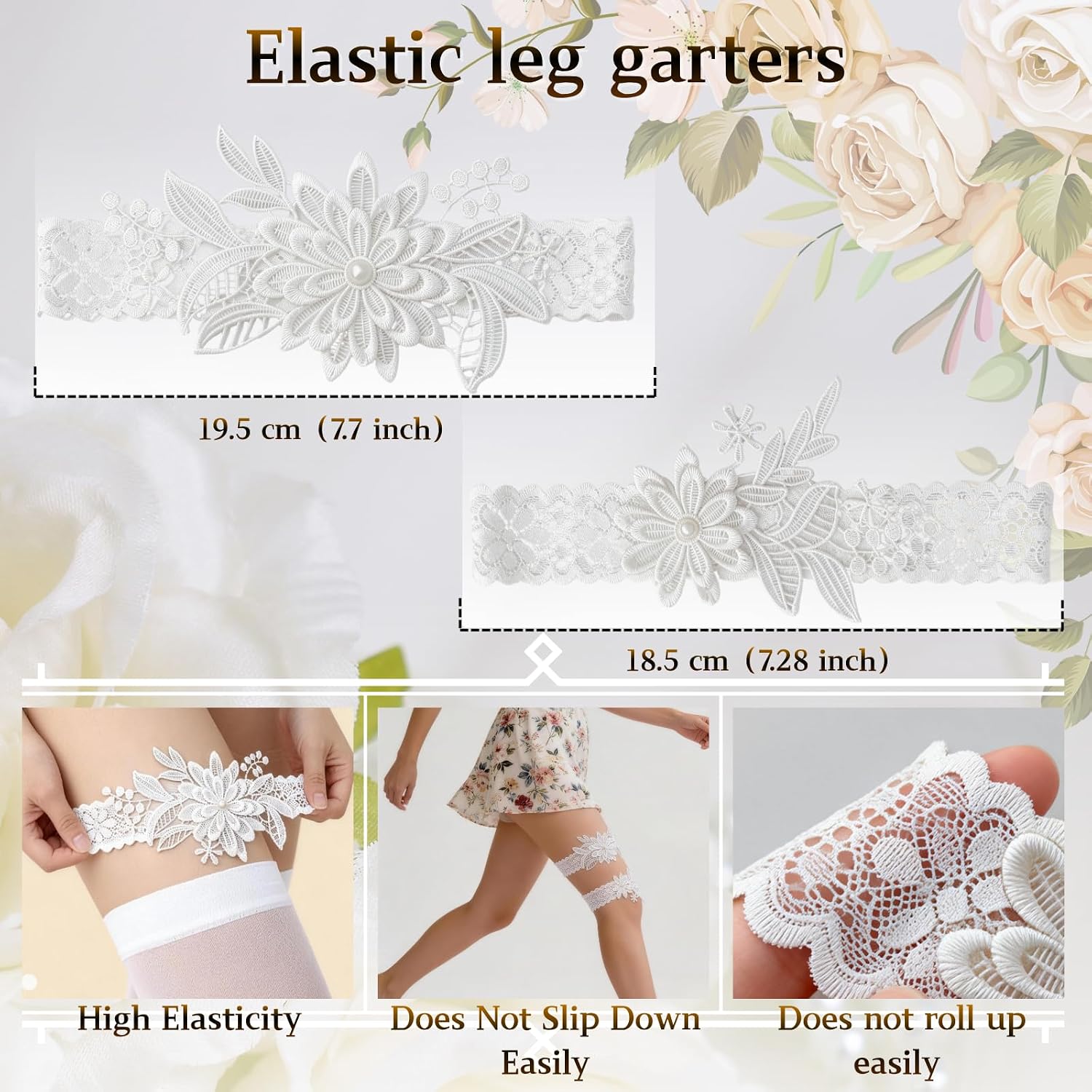 2Pcs Floral Lace Garter Belt Elegant Garters for Bride Hand Sewn Faux Pearls Stretchy Soft Lace Thigh Garter for Wedding Party Prom Anniversary Cosplay Stage Show and Daily Wear