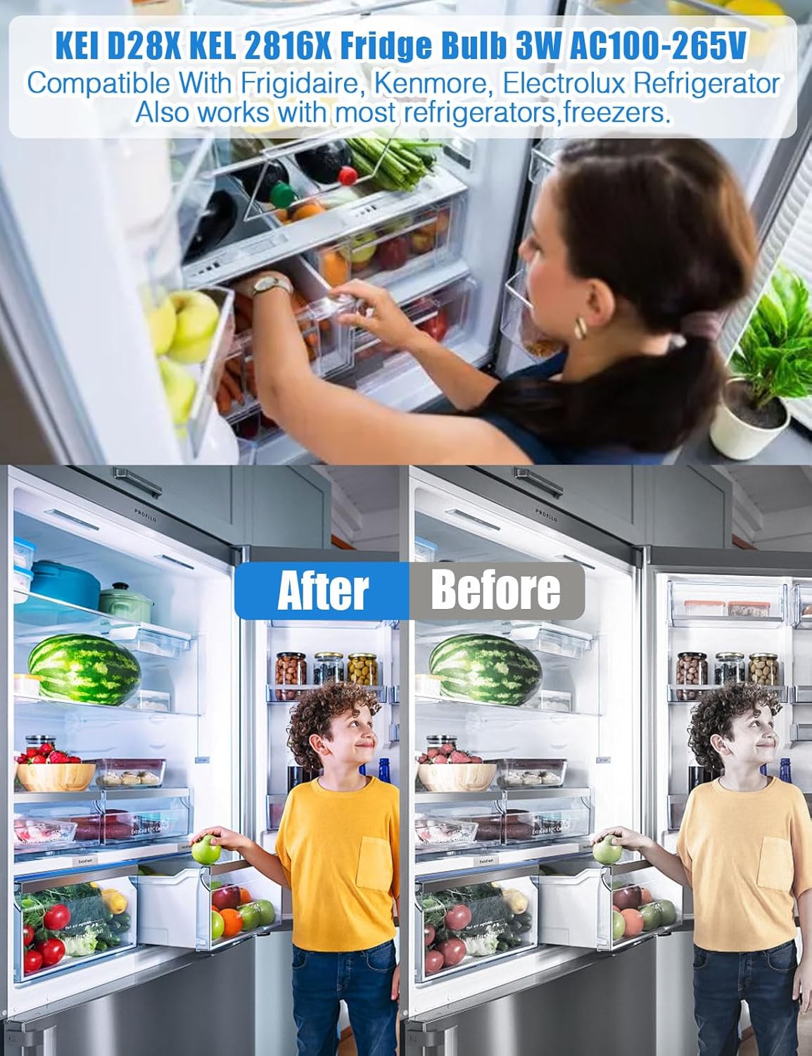 for Frigidaire Light Bulb Replacement KEI D28X KEL 2816X E17 Base LED Freezer/Fridge Appliance Lamp, Compact ac100-265v 3w Refrigerator Bulb 5304522314 Bulb White Light (1 Pack)