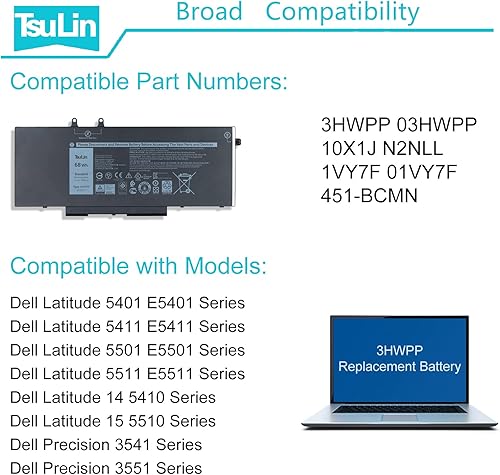 Miniatura 5 de 3HWPP - Batería de repuesto para laptop Dell Latitude 5401 5410 5411 5501 5510 5511 Precisión 3541 3551 Inspiron 7706 2 en 1 Inspiron 17 75007506 2