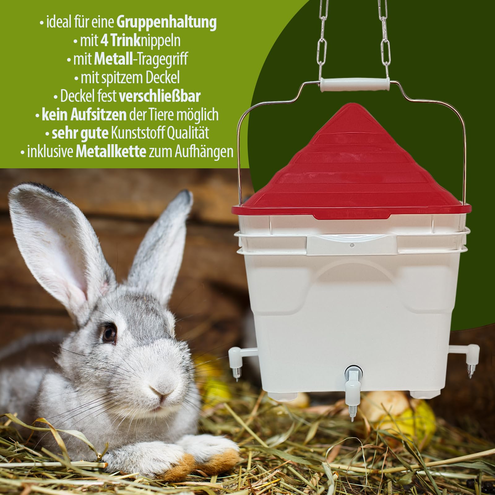 Breker Automatischer Kaninchen Tränkeeimer 8 Liter [mit 12CM ABNEHMBAREN STANDBEINEN] - Nippeltränke für Hamster, Hasen, Meerschweinchen & Kleintiere - ohne Metallkette - Einfache Reinigung