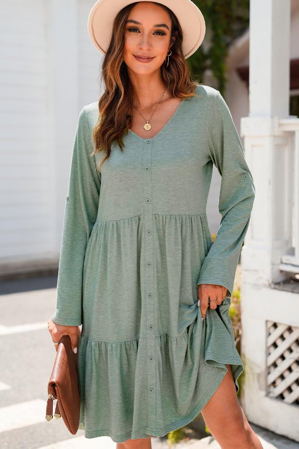 Dokotoo Fall Dresses for Women 2025 V Neck Button Up Long Sleeve Empire Waist Ruffle Tiered Mini Dress with Pockets - Image 2