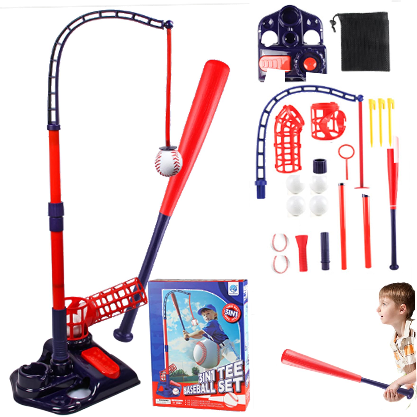 Tee Ball Set, 3-en-1 Tee Tee Popper Set avec Machine à Lancer, frappeurs réglables, Batte de Baseball rétractable ＆ 4 balles, Popper pour Les Cadeaux pour Enfants, Jouets