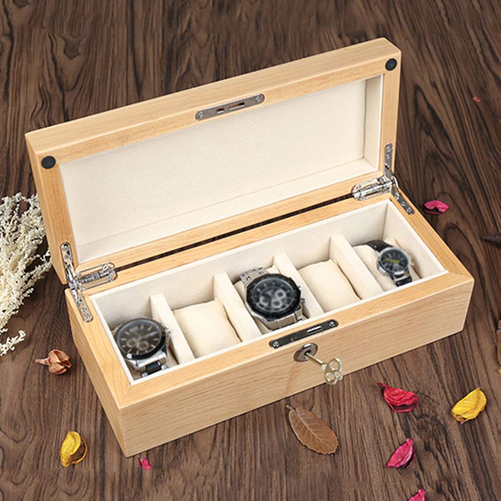Tapa de vidrio, 5 cajas para relojes, caja de madera para exhibición de joyas, caja de almacenamiento, bandeja para pulsera, hebilla de Metal con cerradura y 6 cojines de almacenamiento extraíbles