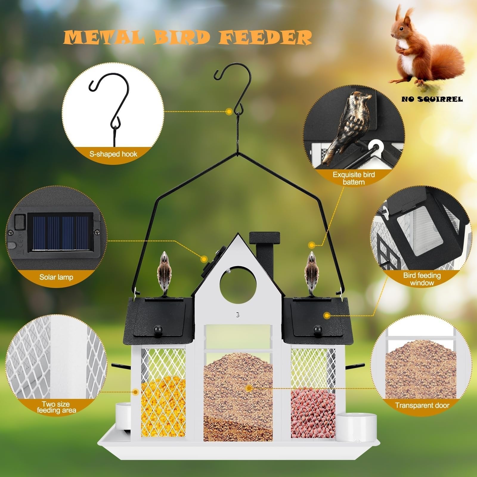 Solar Vogelfutterspender Haus zum Aufhängen im Freien, 3,2 kg große Kapazität, Metall, Wildvogel-Futterstation, Eichhörnchensicher für draußen, mit Wasserbecher, Kardinal-Vogelfutterhaus, Geschenk für
