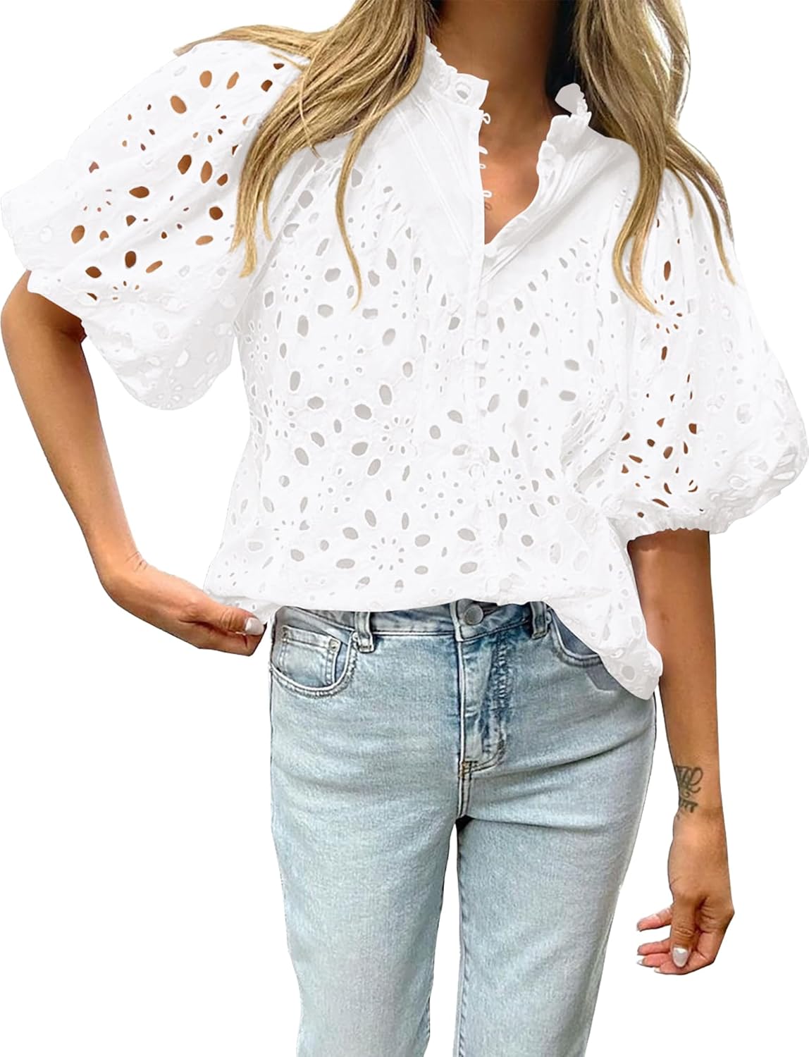 BTFBM Womens Blouses Summer Hollow Out Eyelet Embroidery Tops V Neck Buttons Puff Sleeve Boho Shirts Spring Fashion 2026 - Image 4
