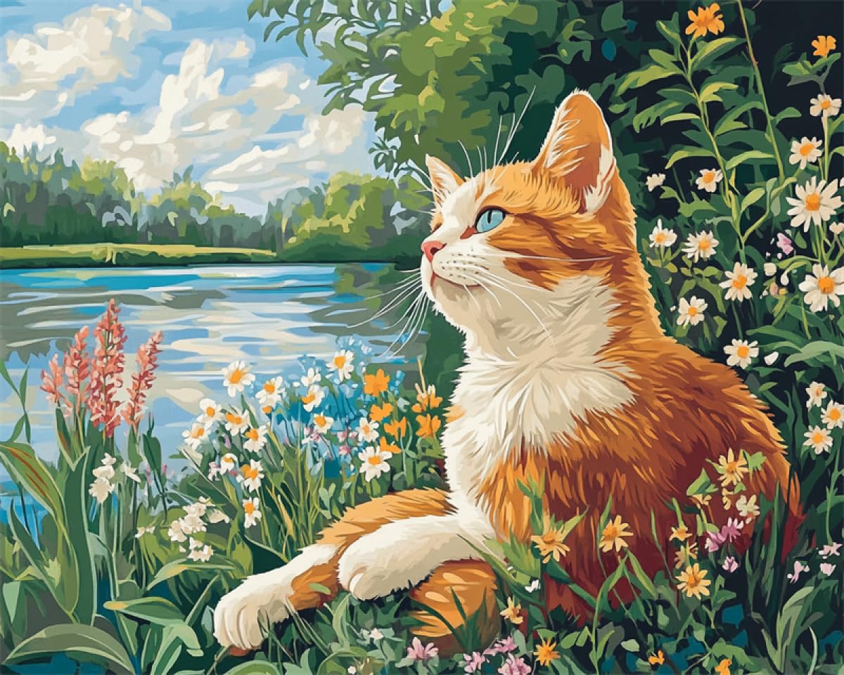Taxpy Diy Stickbilder Erwachsene Katzentiere Und Blumenlandschaft Mosaikperlen-Stickerei,Handgefertigte Perlen,Kreuzstich-Sets,Geschenk Für Freunde 50x70cm