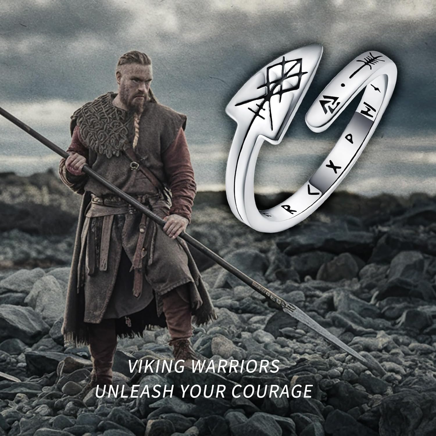 925 Sterling Silver Norse Viking Ring for Women - Vintage Gungnir spear adjustable rings Viking Rune Jewelry Gifts