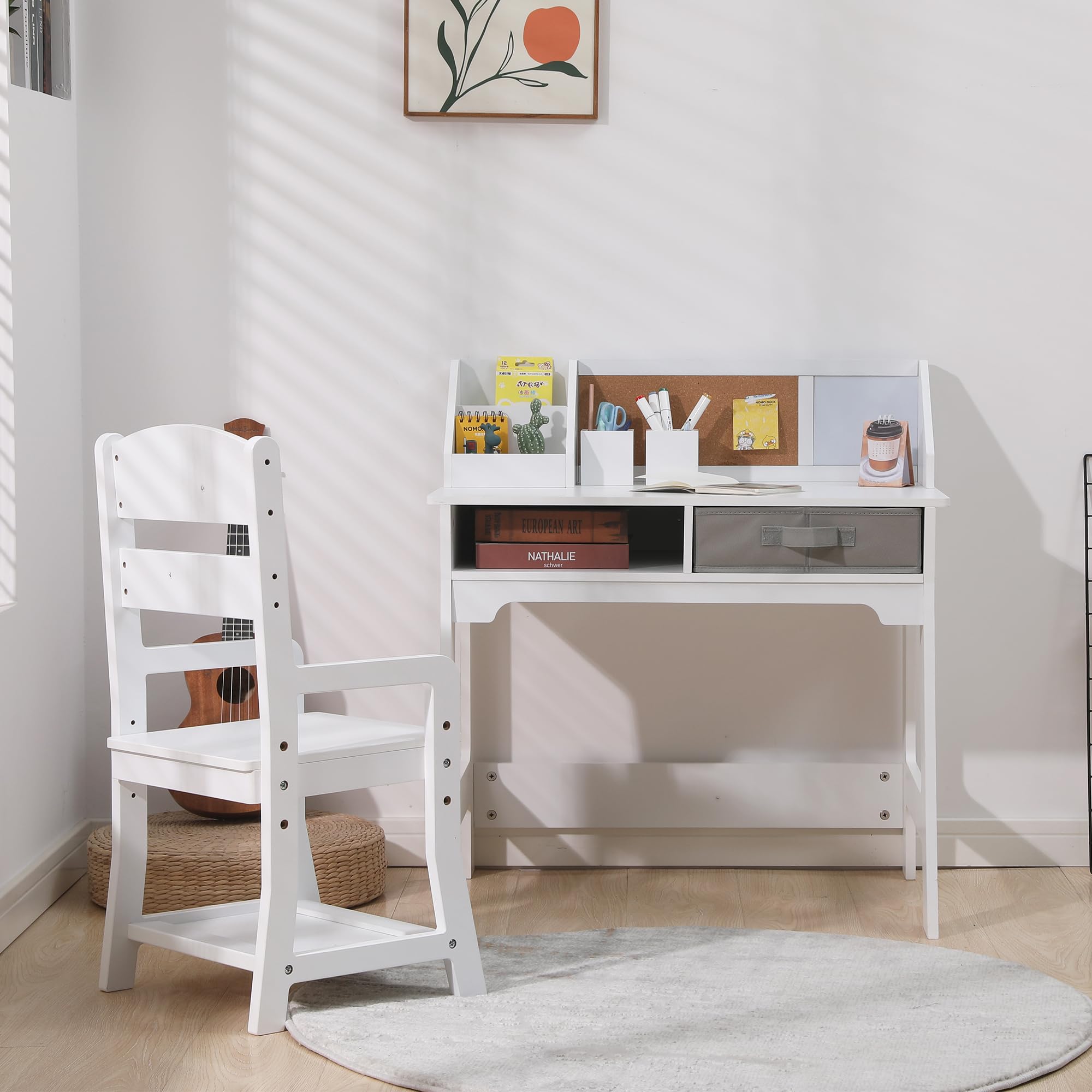 Zstar Bureau et Chaise Enfant avec tiroirs, Porte-stylos, Tableau liège, étagère – Ensemble réglable en Bois pour étude, Chambre ou Salle de Jeux – Idéal 3-8 Ans – Blanc