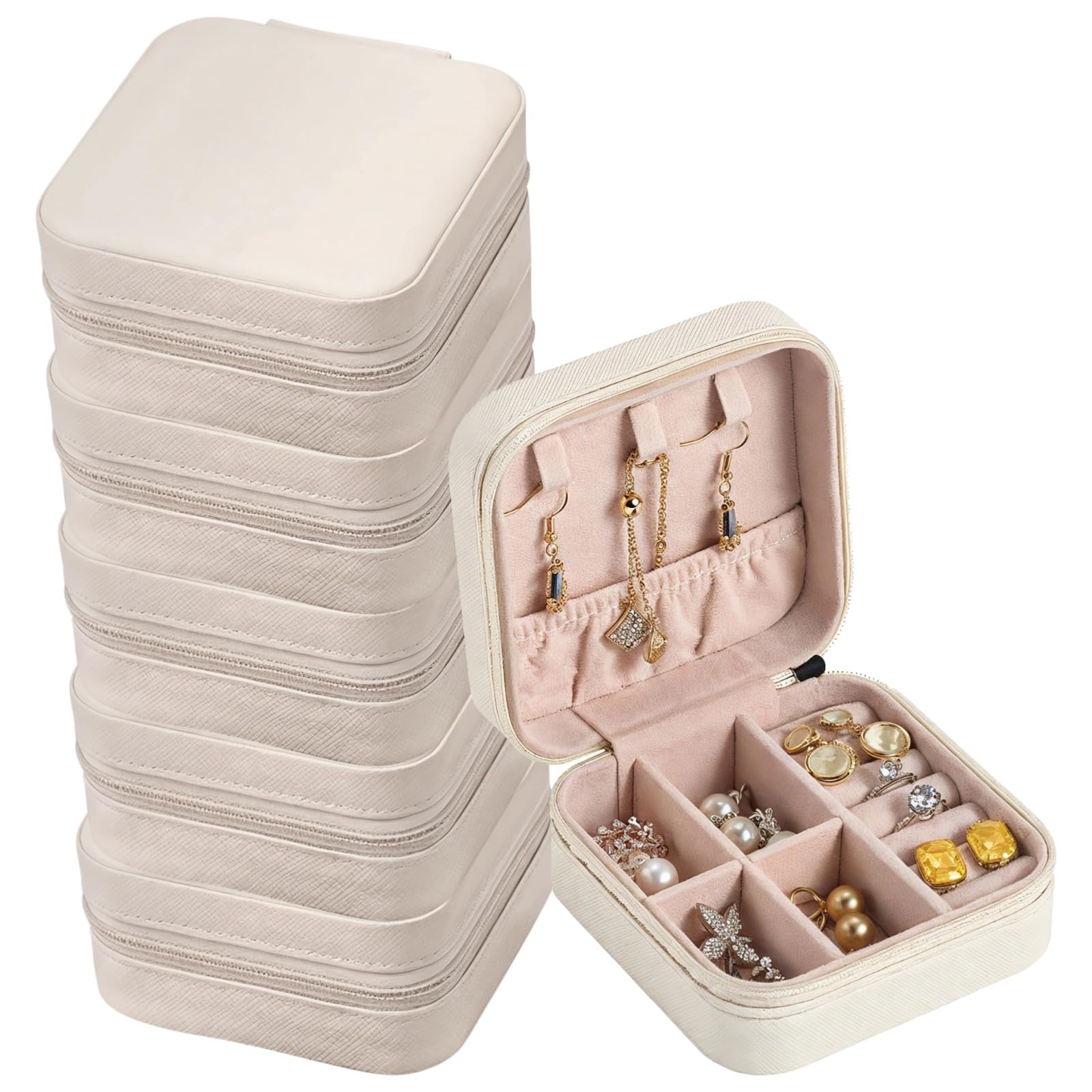 6 scatole per gioielli da donna, 9,9 x 9,9 x 5,1 cm, in pelle ecologica in poliuretano, colore bianco, con cerniera, organizer compatto per anelli, orecchini, collane