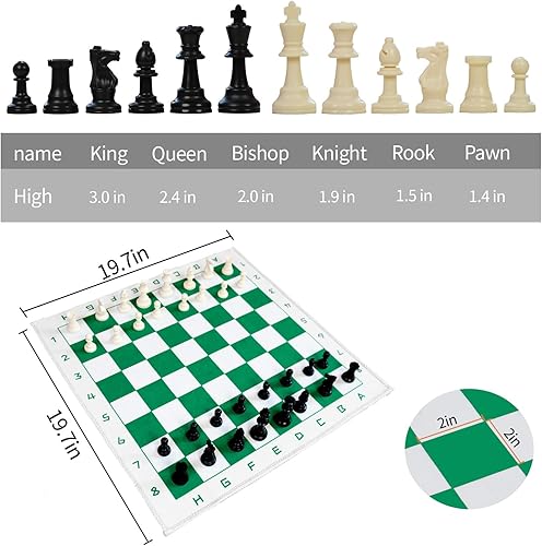 Miniatura 5 de Juego de ajedrez con tablero plegable verde y blanco de 19.7 x 19.7 pulgadas, piezas estándar sin peso de 3 pulgadas, juego de ajedrez de viaje