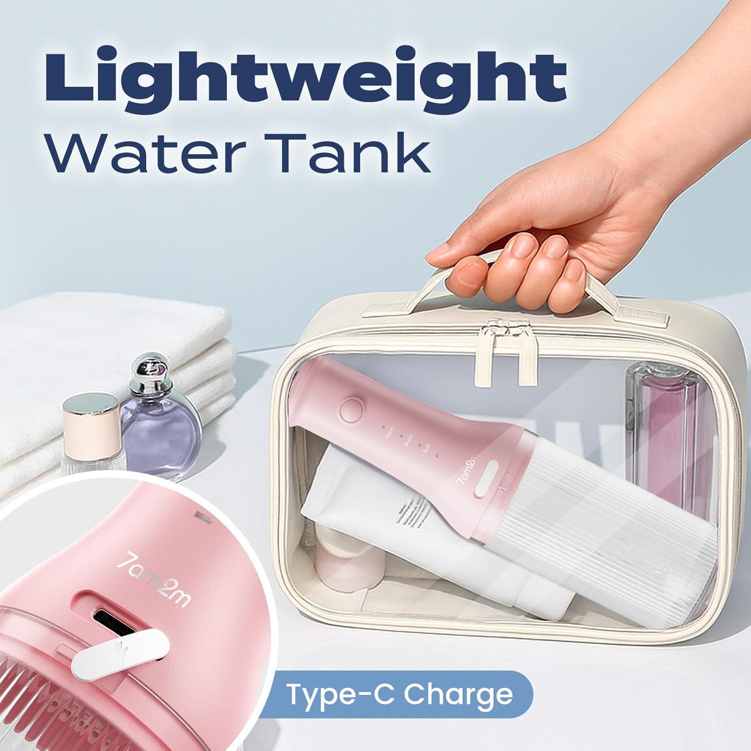 7AM2M Portable Cordless Water Flosser, Oral Irrigator with 3 Modes & 2 Tips, Fast Rechargeable, IPX7 Waterproof, Dental Water Flosser for Travel and Home Use (Pink)