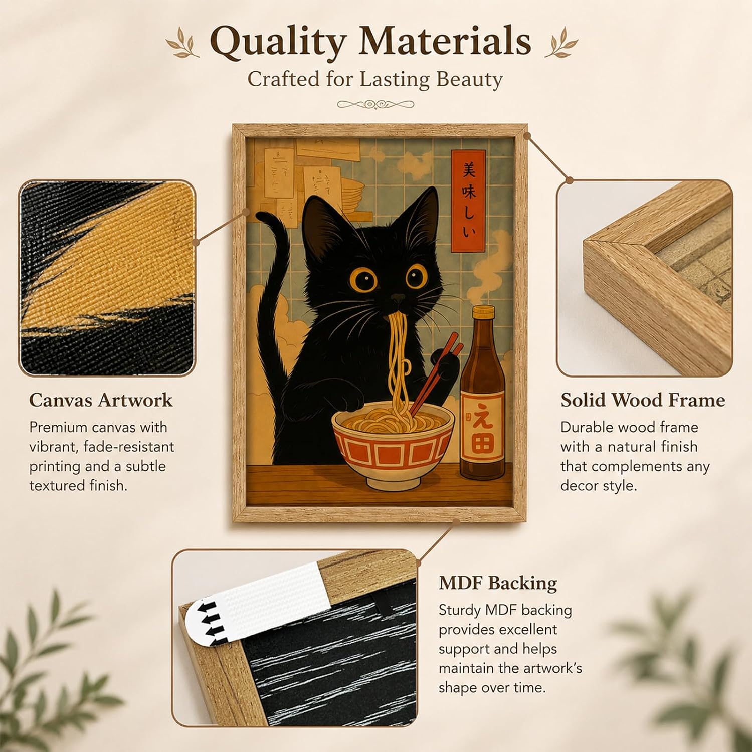 Framed Japanese Black Cat Ramen Wall Art, Cute Cat Noodle Canvas Wall Decor,Funny Animal Food Picture for Kitchen, Living Room, Dining Room Decoration image 3