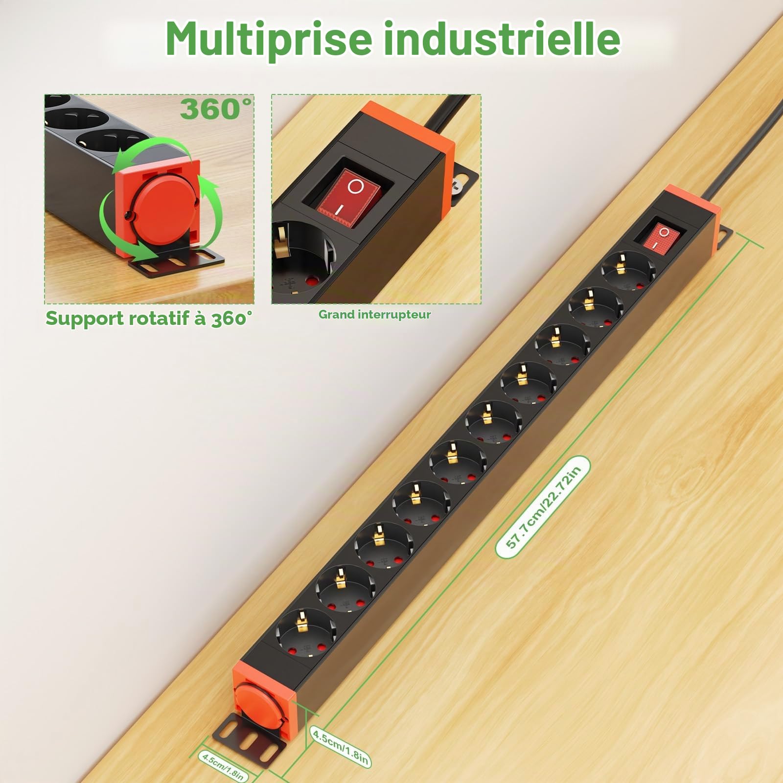 Multiprise Aluminium 10 Prises Parafoudre Surtension, Bloc Prise Murale avec Interrupteur, Rotation 360°, Cordon 1,8m, 4000W/16A, Noir, Maison & Bureau