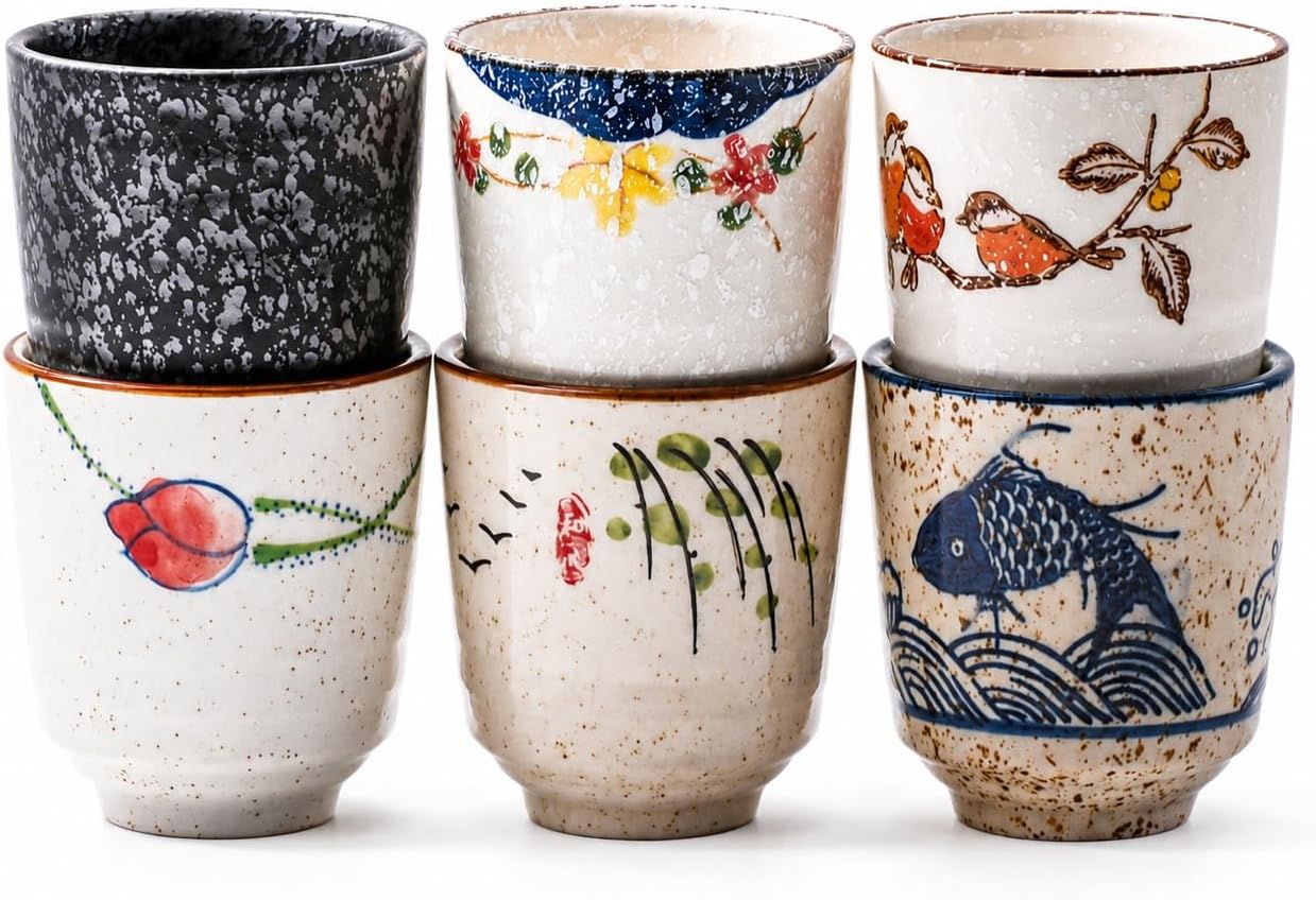 Ceramic Tea Cup Set of 6, Japanese Retro Speckled Drinking Cups
