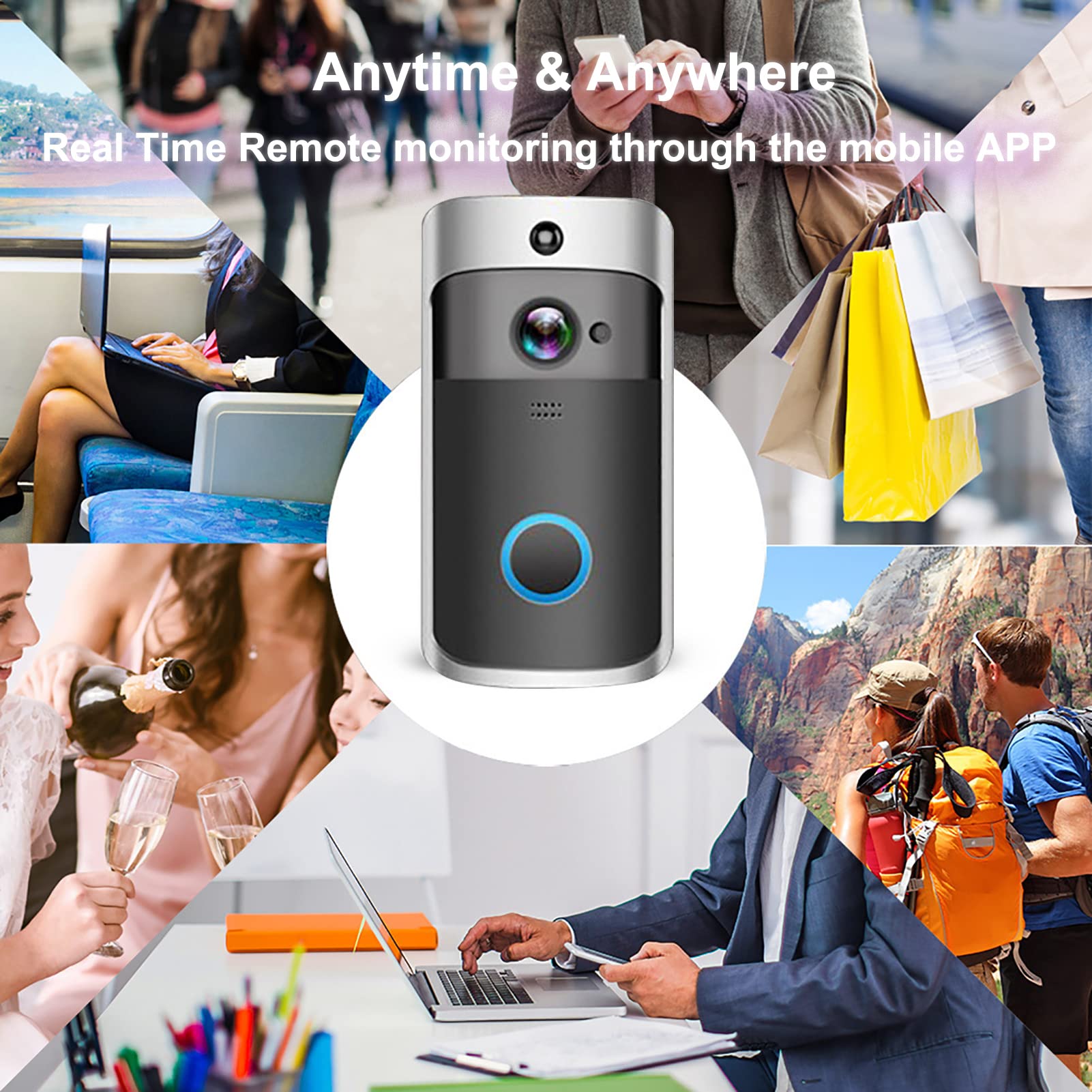 Timbre inalámbrico con cámara de video 2023, visión nocturna HD, WiFi, recargable, audio bidireccional, detección humana, gran angular de 166°, almacenamiento en la nube (negro)