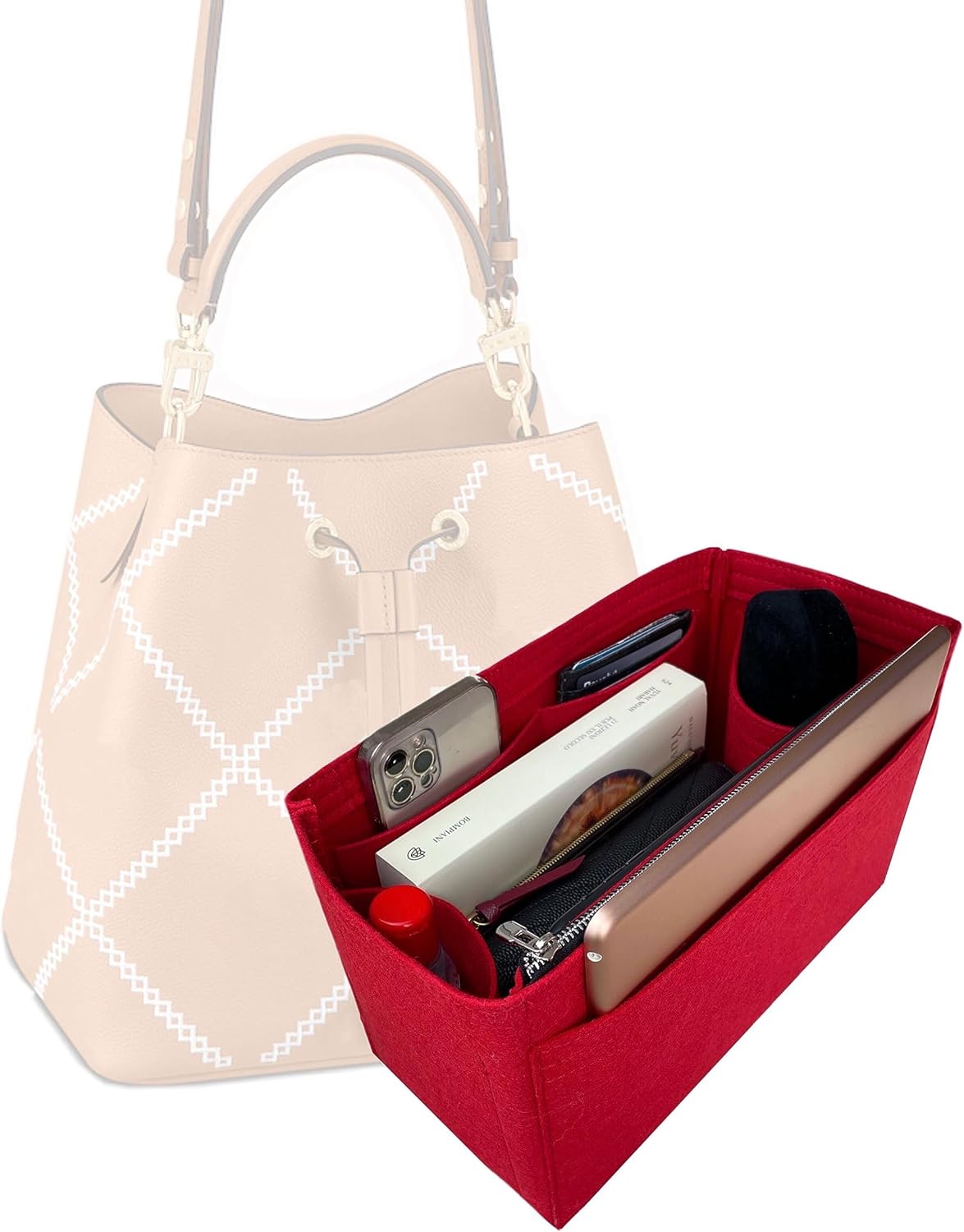 Divitize Premium Purse Organizer compatible with Noe/Neonoe Petit/BB/MM Bag Insert — Gold Zipper Perfect Fit, Durable Quality Felt, Full Coverage, 24+ Shades (For Neonoe MM, Tea)