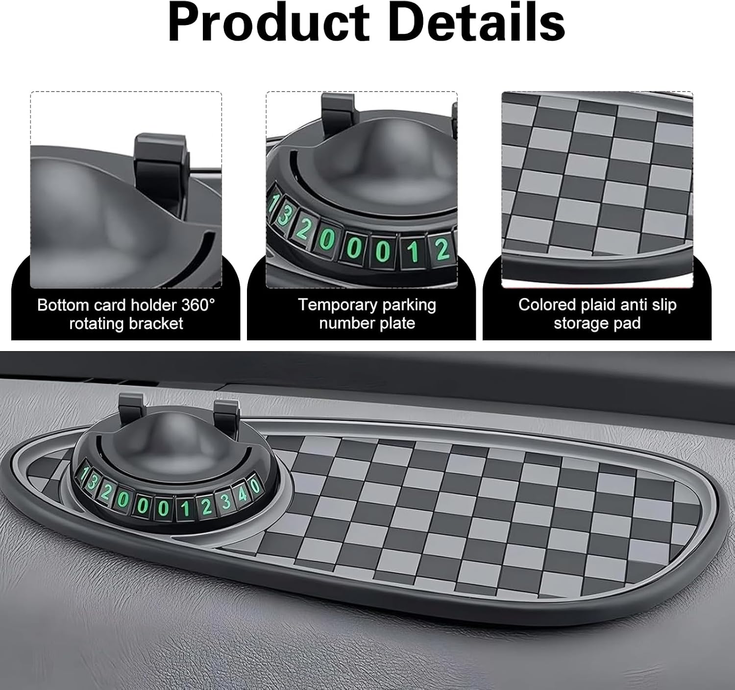 Multifunction Car Dashboard Mat, 11.8" x 5.4" Anti-slip Pad & Rotatable Phone Holder & Temporary Parking Number, 3-in-1 Large Sticky Ornament Rug, Storage Accessory for Vehicles (Black)