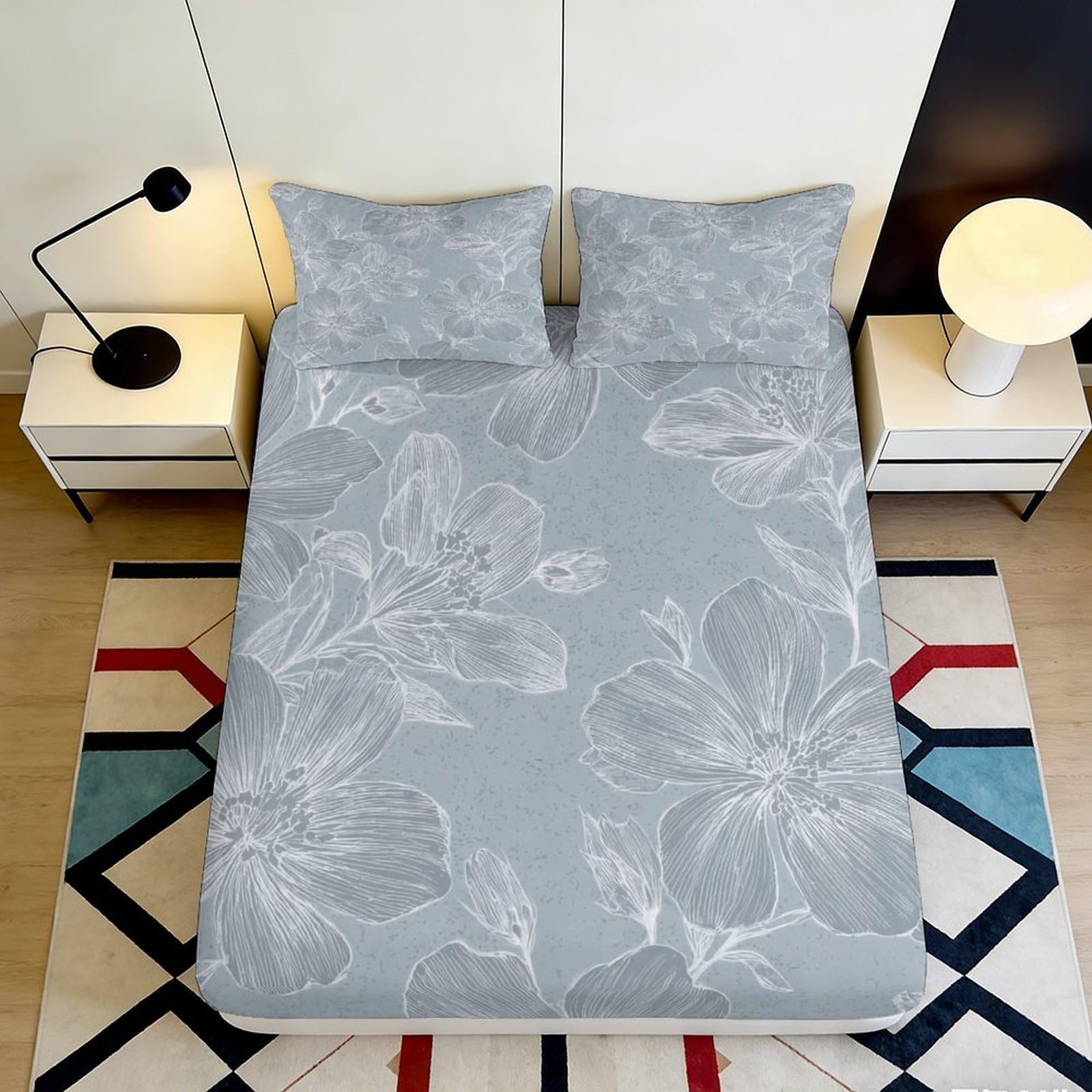 3D Printed Grey Floral Fitted Sheet Microfiber Soft Breathable White Blossom Mattress Cover for Bedroom Dorm Decor 90x200x25cm