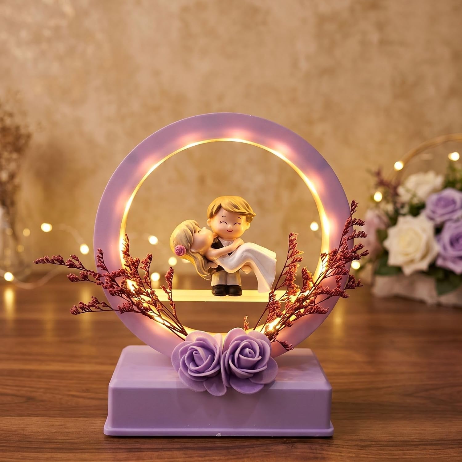 Romantic Couple LED Night Lamp with Miniature Bride & Groom Figurine, Decorative Ring Light Table Lamp with Floral Base, Bedroom Decor, Wedding Anniversary Valentine Gift for Couples-image-23