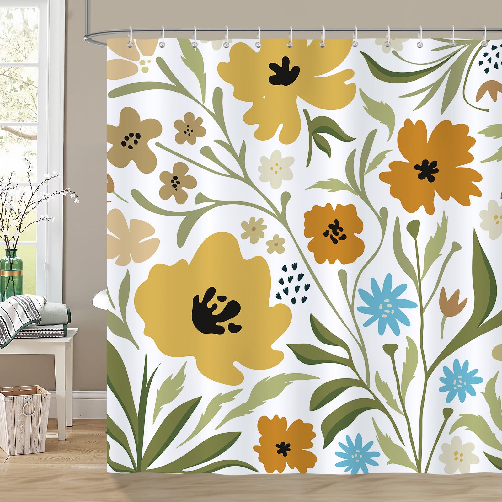 COZZSNUGE Cortina de Ducha Boho Floral, Cortina de Baño Flores Coloridas Moderno 183 x 183 cm Poliéster Impermeable Resistente al Moho 12 Ganchos