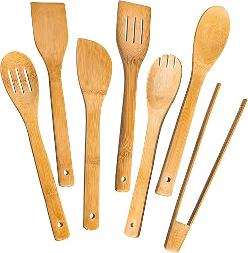 Vista 29 de Cucharas de madera para cocinar 7 piezas, juego de utensilios de cocina de bambú antiadherentes, cuchara de espátula de madera de bambú saludable