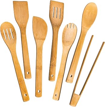 Eisinly 7-Piece Wooden Cooking Spoons,Durable Carbonized Bamboo Utensil Set | Carbonized Bamboo, Heat-Treated for Durability, Resists Moisture and Warping Better than Regular Bamboo, Lasts for Years