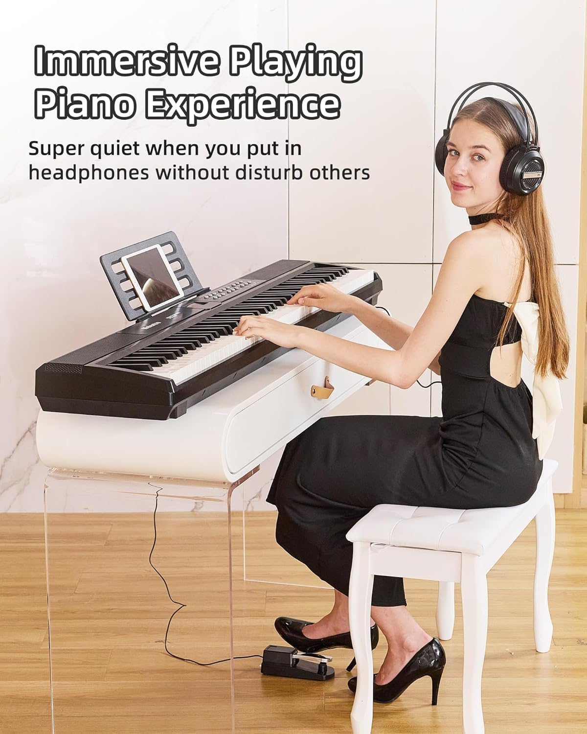 Weighted Piano 88-Key Digital Piano,Full-size Electric Piano Keyboard with Hammer Action,Sustain Pedal,MP3 Function dual 15W speaker,Supports USB-MIDI/Wireless Connect (Black, Full)