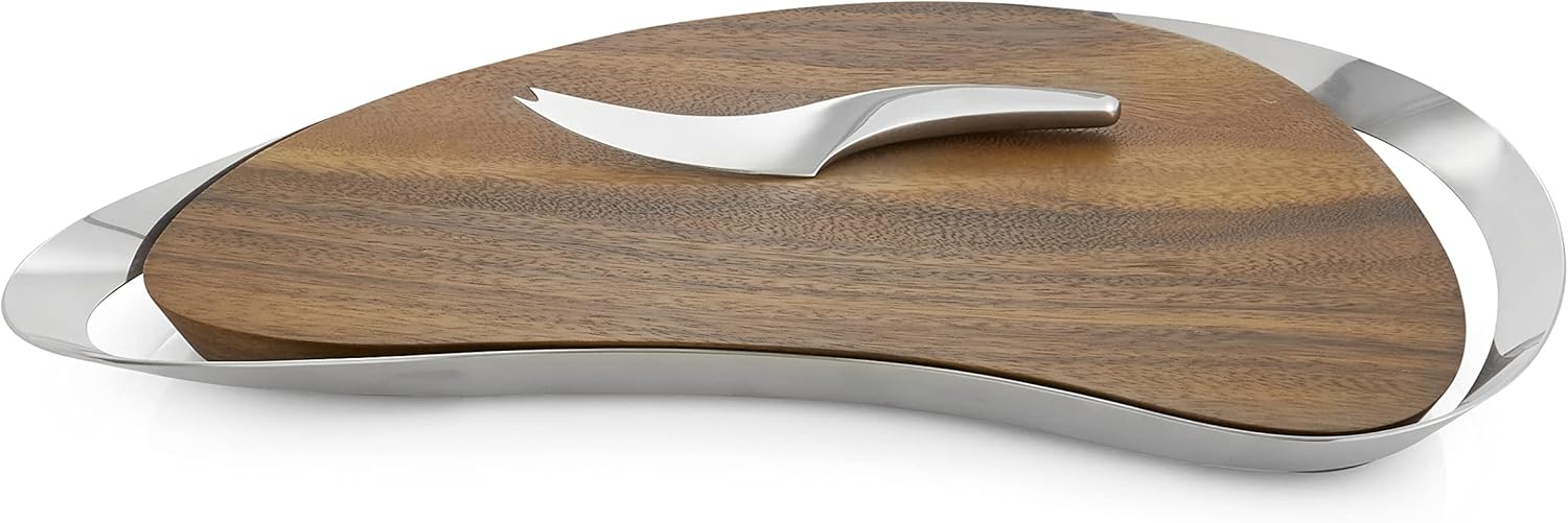nambe Pulse Cheese Board with Knife | Made of Acacia Wood and Stainless Steel | Large Serving Set | Charcuterie and Butter Board | Serving Platter Hostess Gift in Box