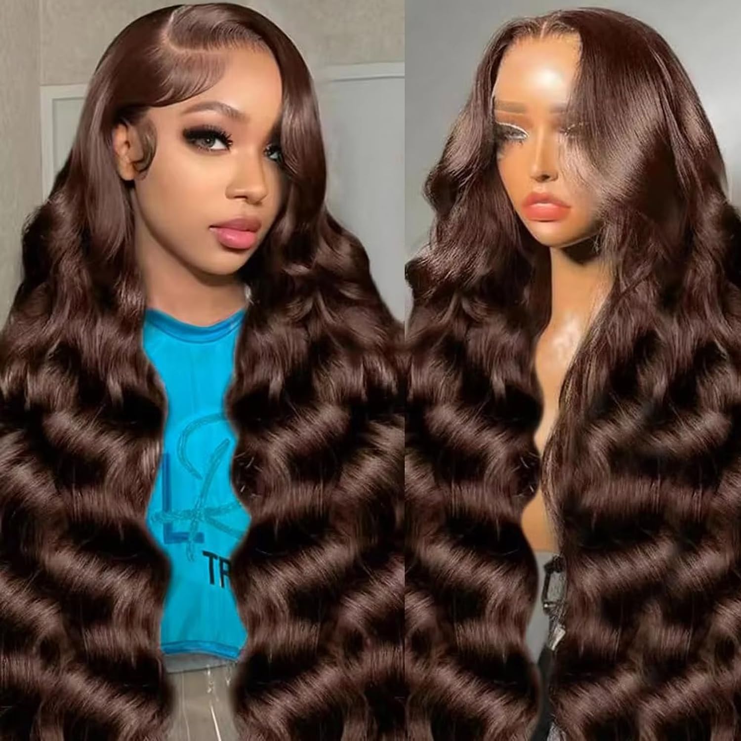 Chocolate Brown Body Wave Wig Human Hair 34 Inch Brazilian Hair 13x6 Body Wave Lace Front Wig Unprocessed Virgin Remy Hair Glueless Chocolate Brown Wigs with Baby Hair Pre Plucked for Women