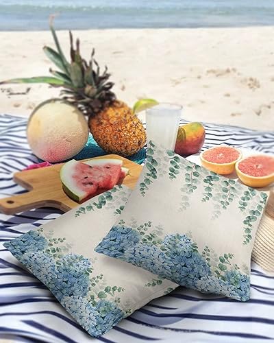 Miniatura 3 de Fundas de almohada impermeables para exteriores, 18 x 18 pulgadas, diseño de flores de hortensia, hojas de eucalipto, fundas de almohada decorativas
