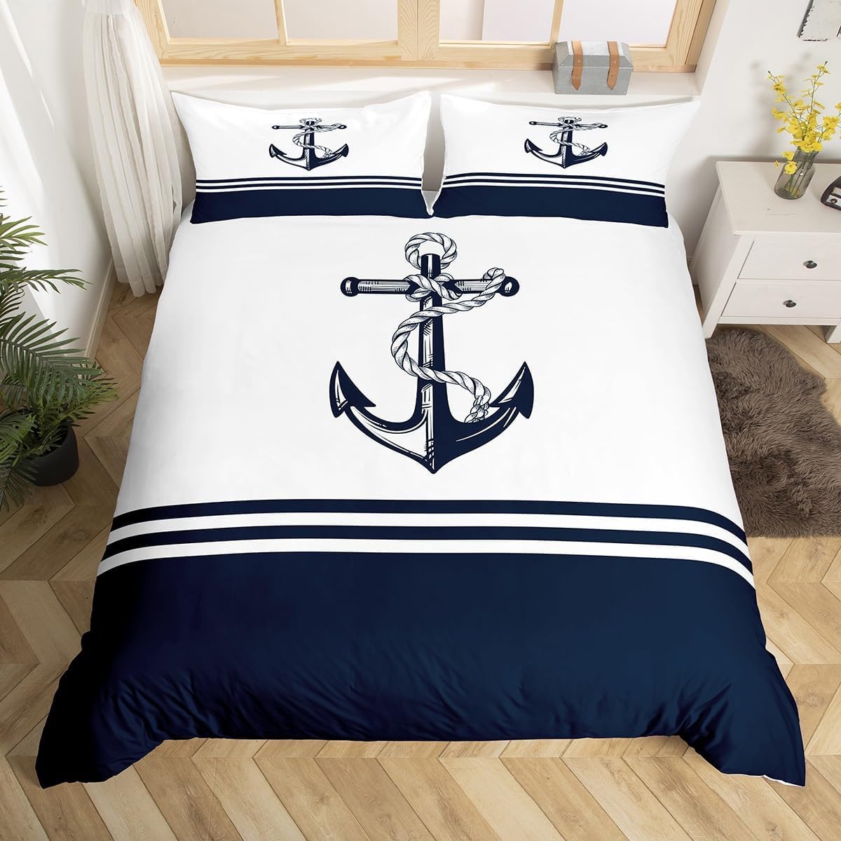 Homemissing Double Anchor Decoration Duvet Cover Soft Children's Navigation Decoration Theme Bedding Set Coastal Comforter Cover Set Ocean Adventure Navy Blue and White