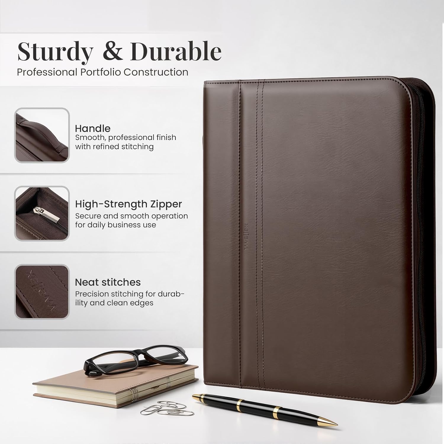 3-Ring Padfolio Portfolio Organizer Binder,Faux Leather Interview Resume Folder,Letter Size A4 Legal Writing Pad Holder for Business School Office Conference Notepad Clip Boards (Brown)