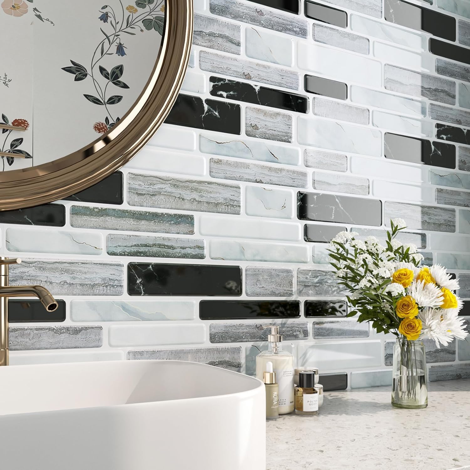 FunStick Marble Peel and Stick Backsplash for Kitchen 12"x12" Removable White Grey Stick on Backsplash Tiles for Kitchen Peel and Stick Wall Tiles for Bathroom Shower Tile Stickers Waterproof 5-Sheets