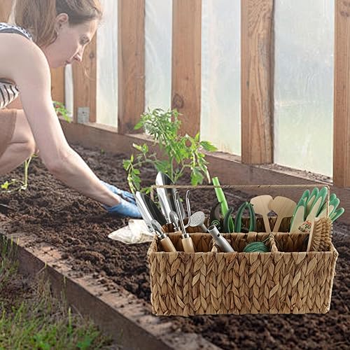 Miniatura 5 de Cesta tejida para herramientas de jardín, organizador de herramientas de jardín con asa, cesta de almacenamiento de mimbre con 4 compartimentos,