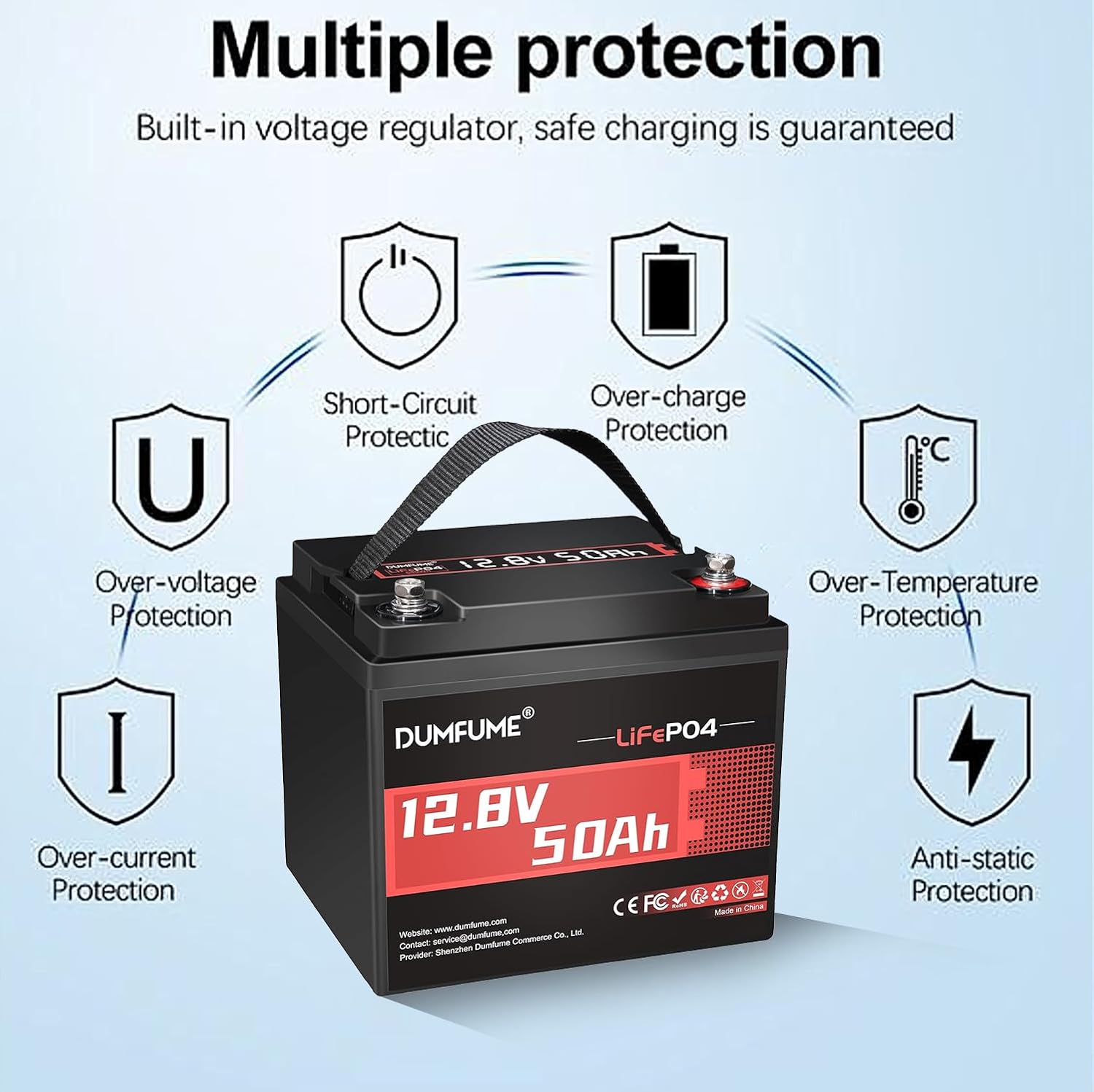 dumfume 12.8V 50Ah LiFePO4 battery with multiple protection icons
