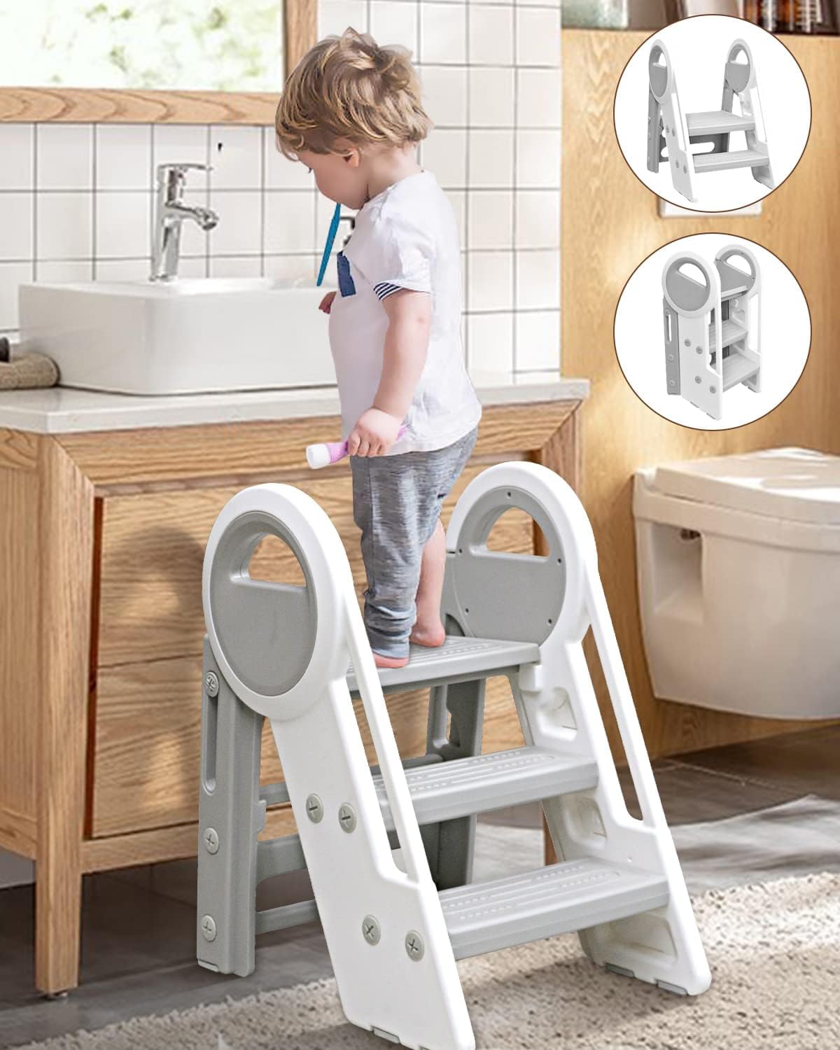 LIODUXToddler Step Stools for Bathroom Sink,Adjustable 3 Step Stools with Handles to 2 Step Stool for Kids Toilet Potty Training,Kitchen Counter Plastic Toddler Step Stool Helper