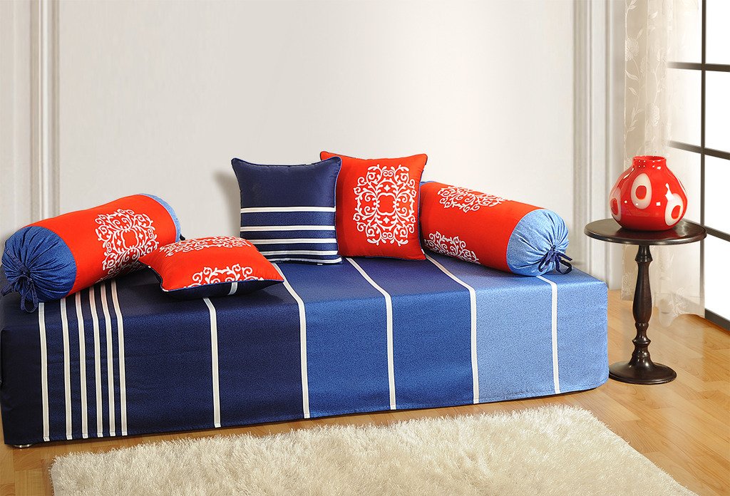 Swayam Diwan Set Cotton 6 Piece Diwan Printed Bedsheet Set for Living Room Hall (Set of 6 Piece, 1 Diwan Sheet 60x90 Inches | 2-Bolster Cover 30 x 30 Inches | 3-Cushion Cover 16x16 Inches) Soft Feel,Blue