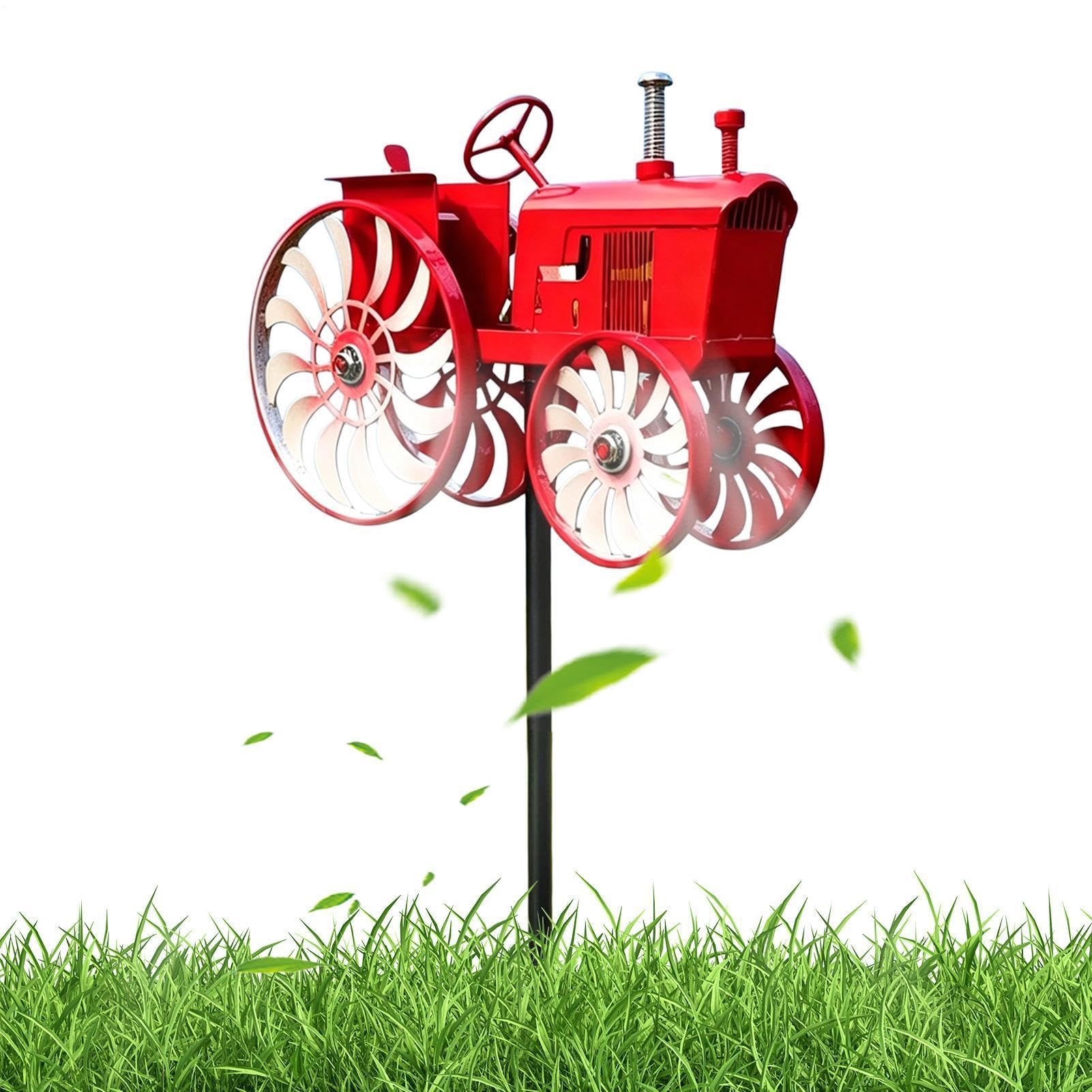 Molinete eólico con forma de tractor de jardín, ideal para decorar patios, césped y balcones