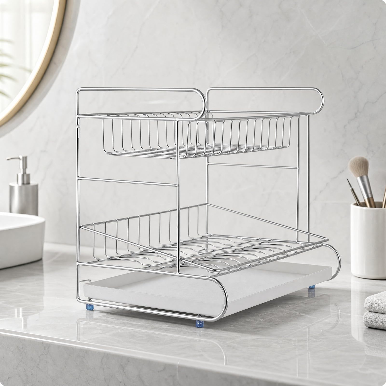 Rack Almacenamiento Acero Inoxidable Abierto Organizador Cosméticos con Barras Perimetrales Morno para Encimera, Estilo B