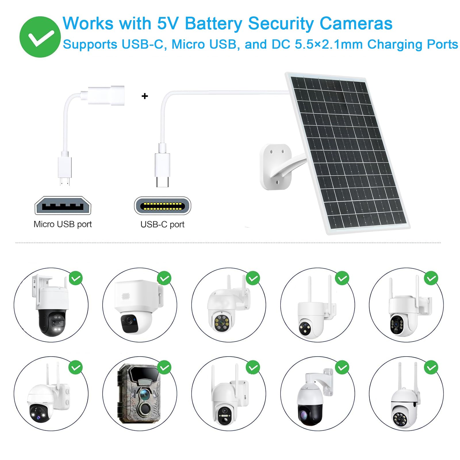 FUTUREZEN Panel solar de 13 W para cámaras de seguridad y cámaras de sendero, USB-C, micro USB y salida CC de 5,5 x 2,1 mm, impermeable IP66, montaje ajustable de 360°, cable de 7.2 pies, paquete de 2
