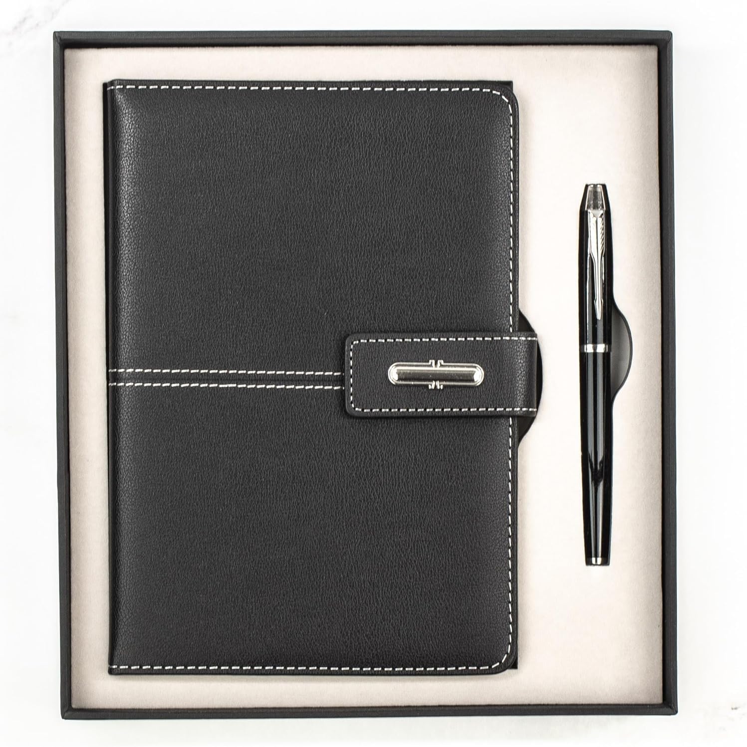 A5 Lined Leather Journal Notebook, Hardcover Set with Pen & Gift Box, 100 Pages 100gsm Thick Ruled Paper Diary for Men & Women, Business School Travel Writing, Black