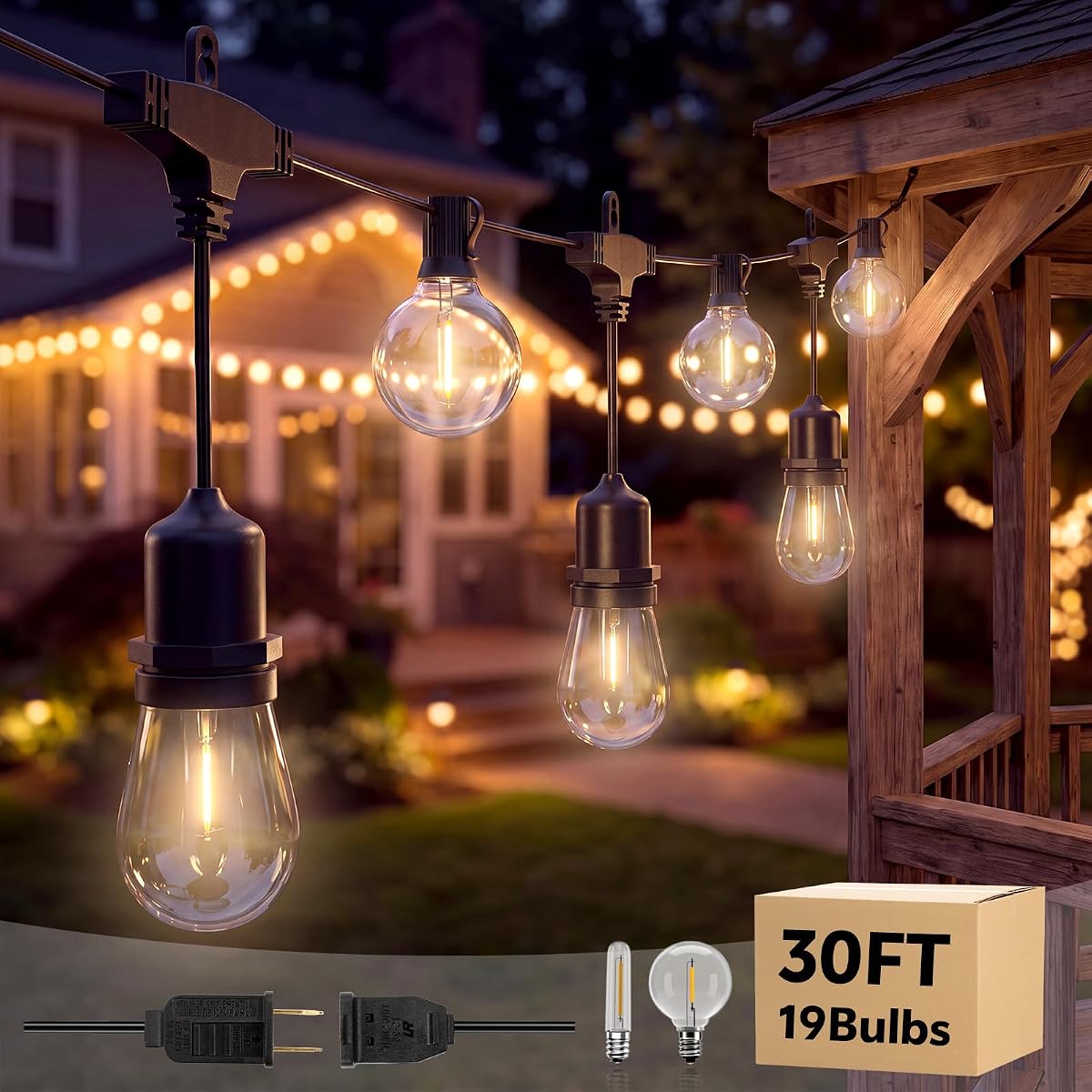 Cadena de luces LED para exteriores de 30 pies para patio con bombillas inastillables de 18 + 1 L | Luces colgantes conectables con certificación UL, IP65, para patio exterior, terraza, cenador, balcón, camping, fiesta