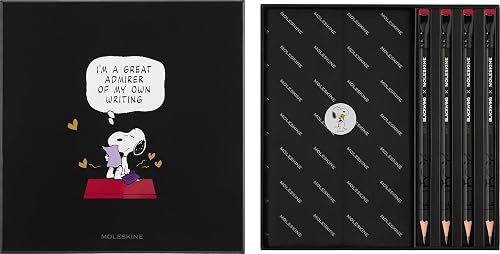 Moleskine Limited Edition Peanuts Gift Set, Snoopy Notebook + four Blackwing Soft Pencils, Hard Cover, Large (5" x 8.25"), Black, 176 pages