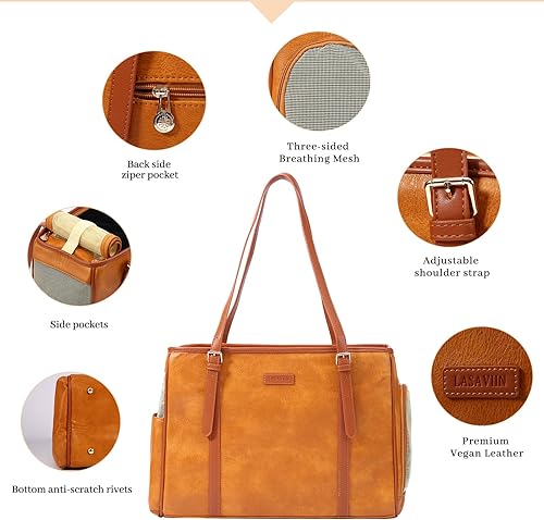 Miniatura 4 de Bolsa de cuero para perros pequeños, gatos, cachorros, bolsa de mano portátil aprobada por aerolíneas (marrón)