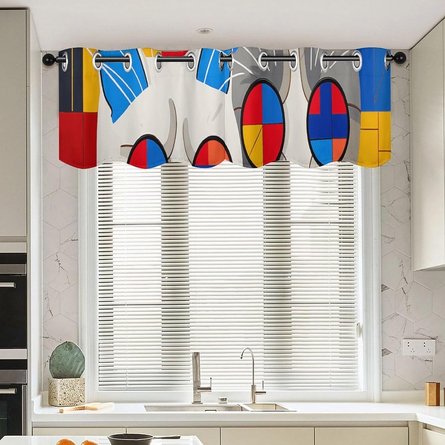 Red and Blue Cat Valances for Window 2 Panels. Light Filtering Curtains Farmhouse Short Small Valance.Modern Curtains for Windows Living Room Kitchen Over Sink.