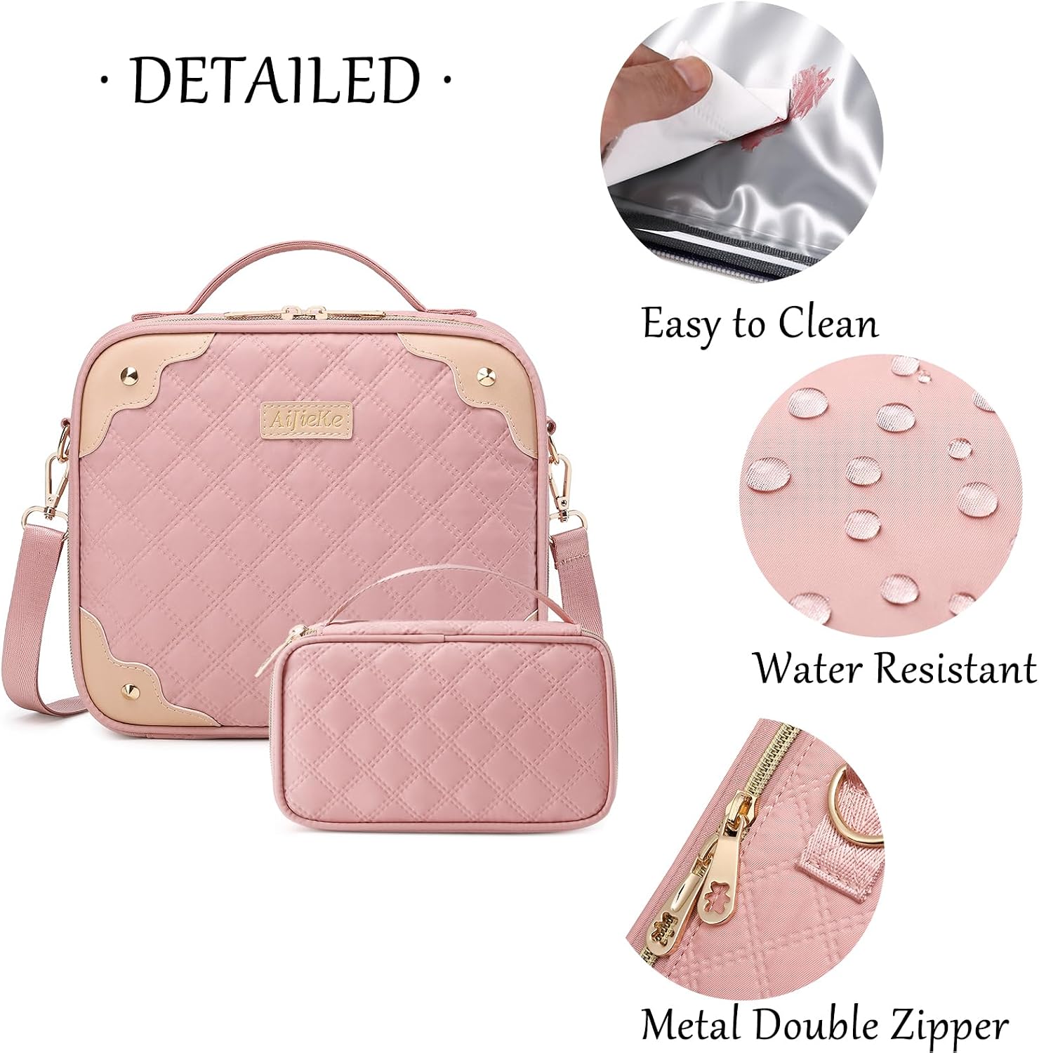 AIJIEKE Large Travel Makeup Bag with Compartments, Waterproof Cosmetic Case Organizer for Women, Portable Train Case Makeup Box with Removable Dividers, Shoulder Strap & Small Toiletry Bag, Pink