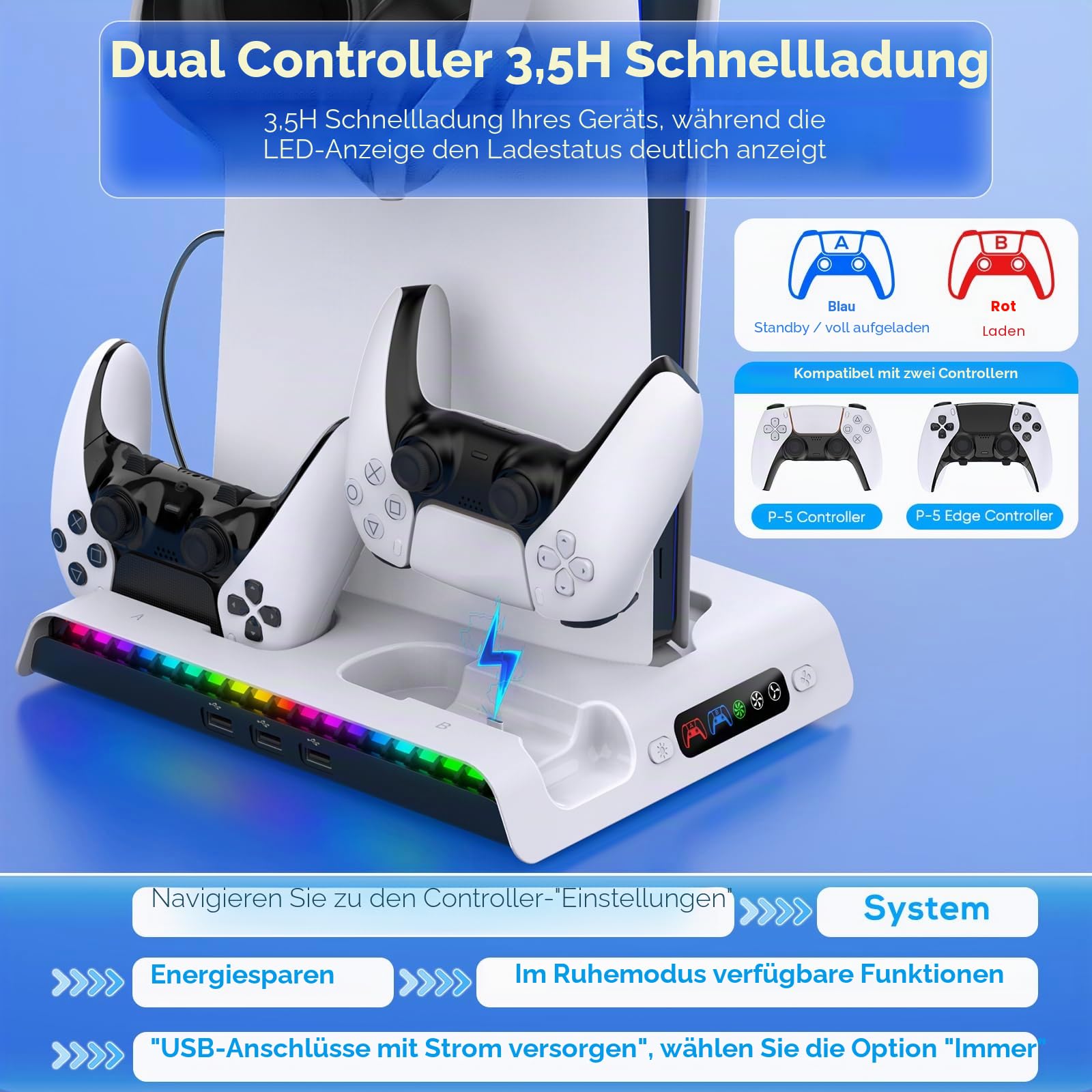 FYOUNG Vertikaler Standfuß für PS5 Slim Konsole mit Lüfter &Controller Ladestation, Multifunktionale Kühlung Ständer für PlayStation 5 Slim Zubehör mit 9RGB Licht (Nur für PS5 Slim)